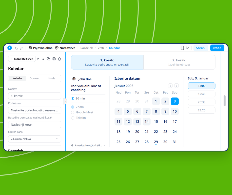 Calendar booking page editor in systeme.io showing visual customization of appointment scheduling with date and time selection interface.