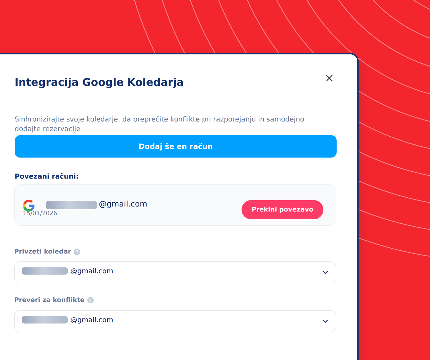 Google Calendar integration settings in systeme.io showing connected accounts, default calendar selection, and conflict checking options.