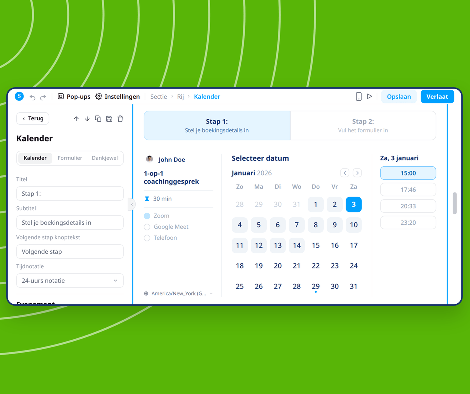 Calendar booking page editor in systeme.io showing visual customization of appointment scheduling with date and time selection interface.
