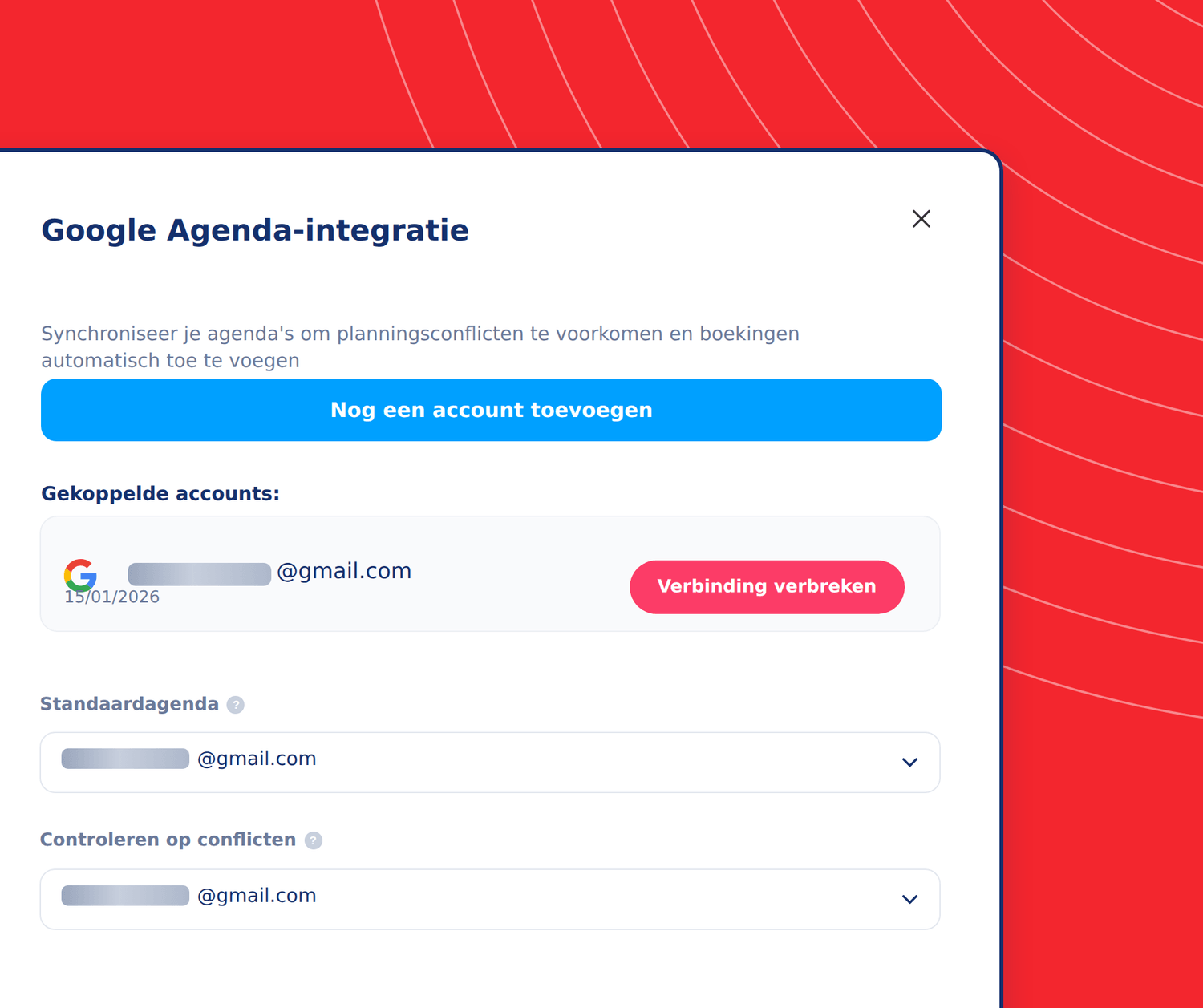 Google Calendar integration settings in systeme.io showing connected accounts, default calendar selection, and conflict checking options.