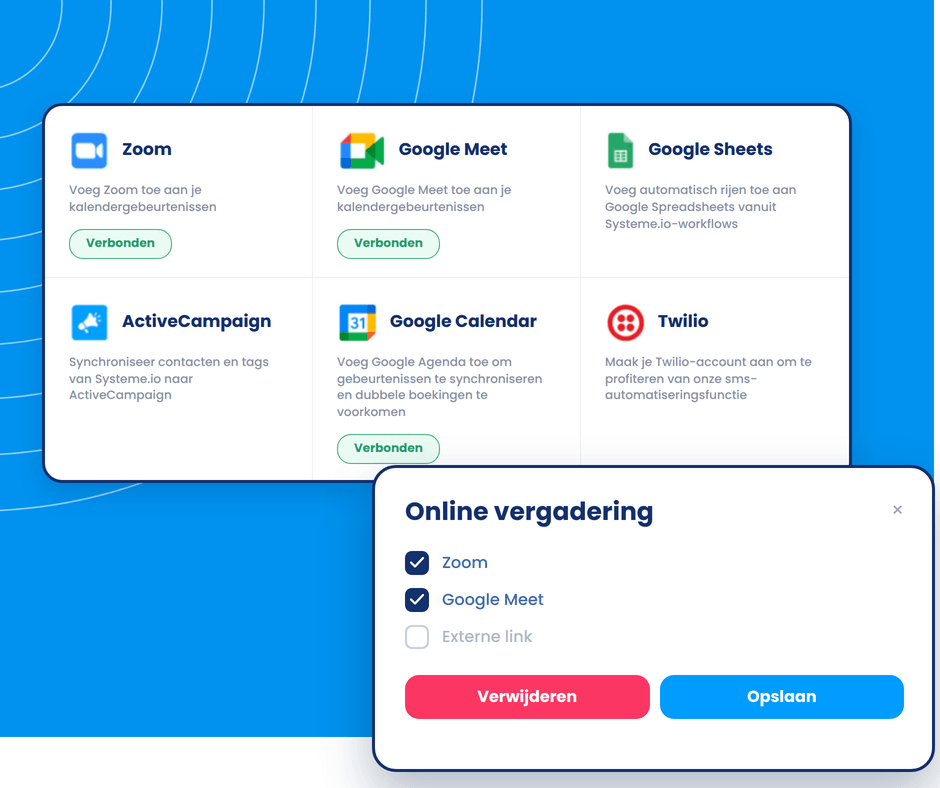 Third-party integrations dashboard in systeme.io showing connections like Zoom, Google Meet, Google Sheets, and Google Calendar with online meeting setup options.