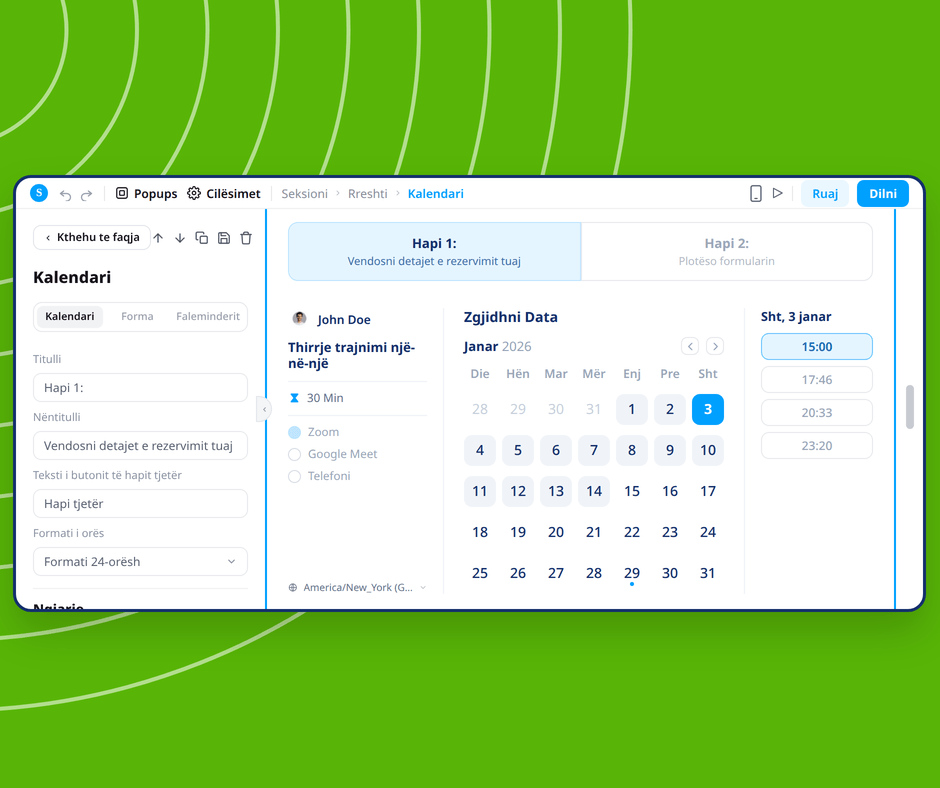 Calendar booking page editor in systeme.io showing visual customization of appointment scheduling with date and time selection interface.