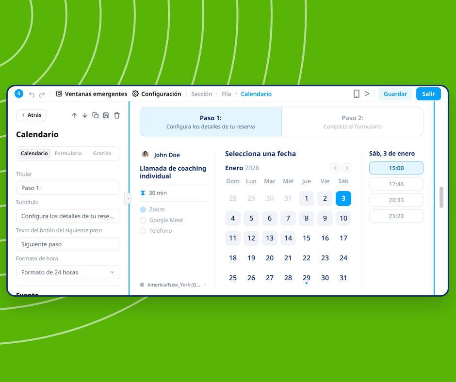 Calendar booking page editor in systeme.io showing visual customization of appointment scheduling with date and time selection interface.
