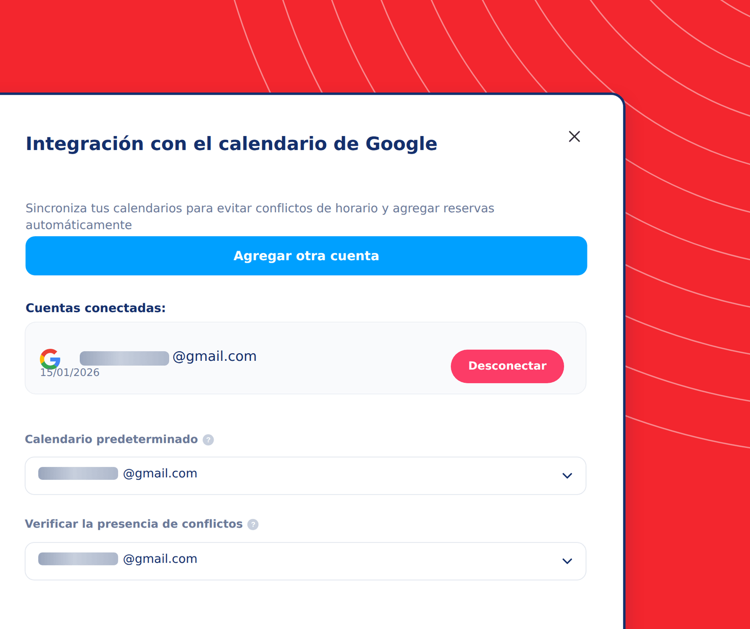 Google Calendar integration settings in systeme.io showing connected accounts, default calendar selection, and conflict checking options.