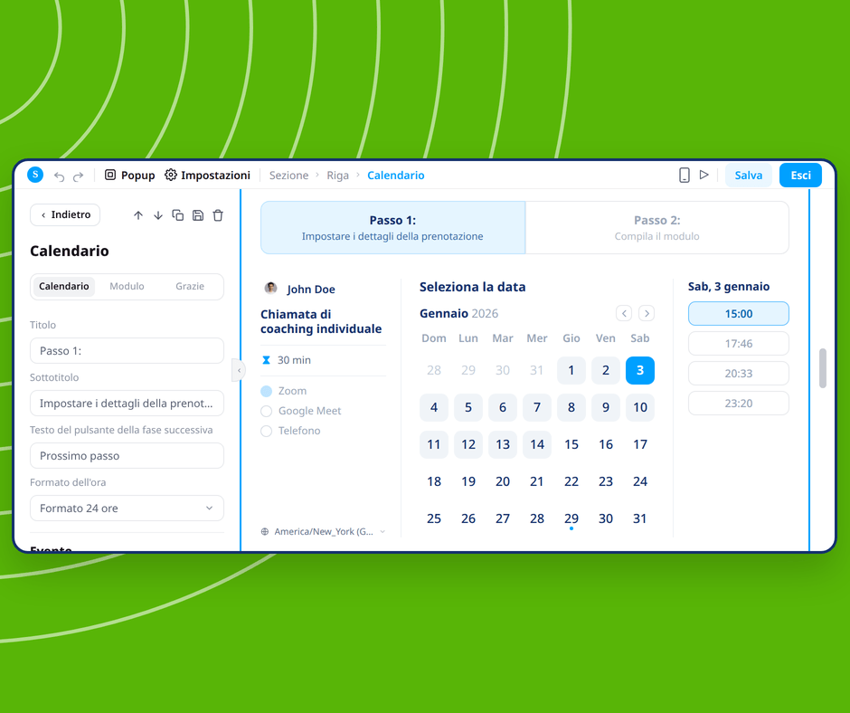 Calendar booking page editor in systeme.io showing visual customization of appointment scheduling with date and time selection interface.