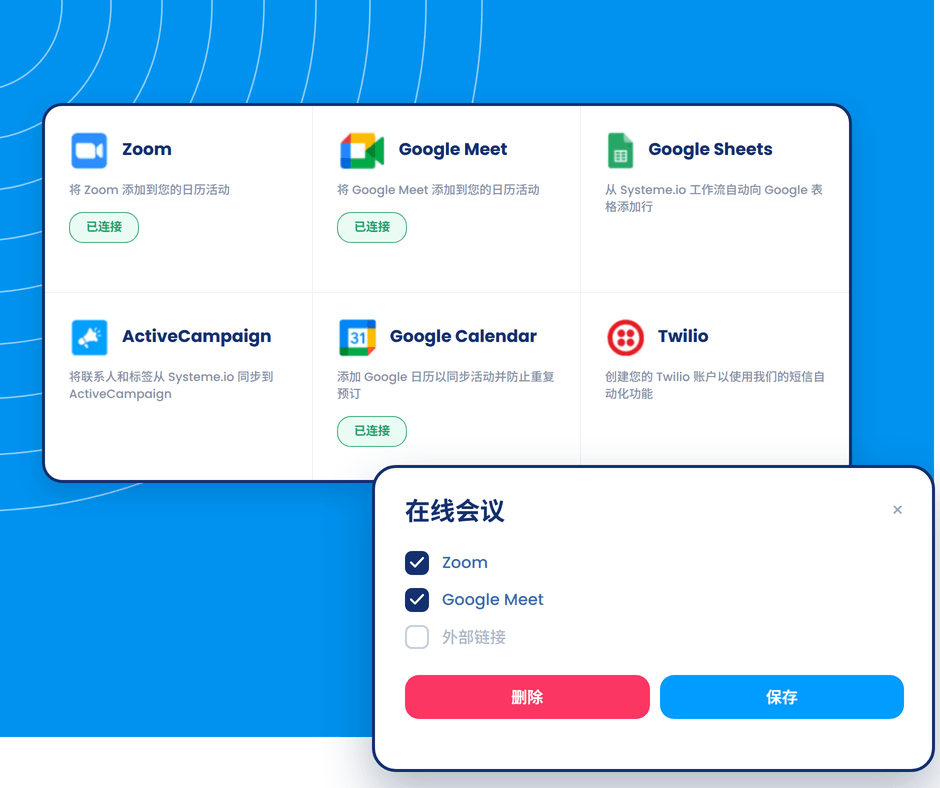 Third-party integrations dashboard in systeme.io showing connections like Zoom, Google Meet, Google Sheets, and Google Calendar with online meeting setup options.