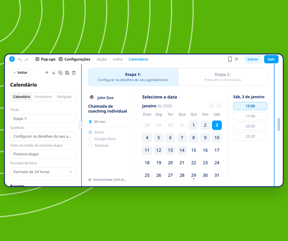 Calendar booking page editor in systeme.io showing visual customization of appointment scheduling with date and time selection interface.