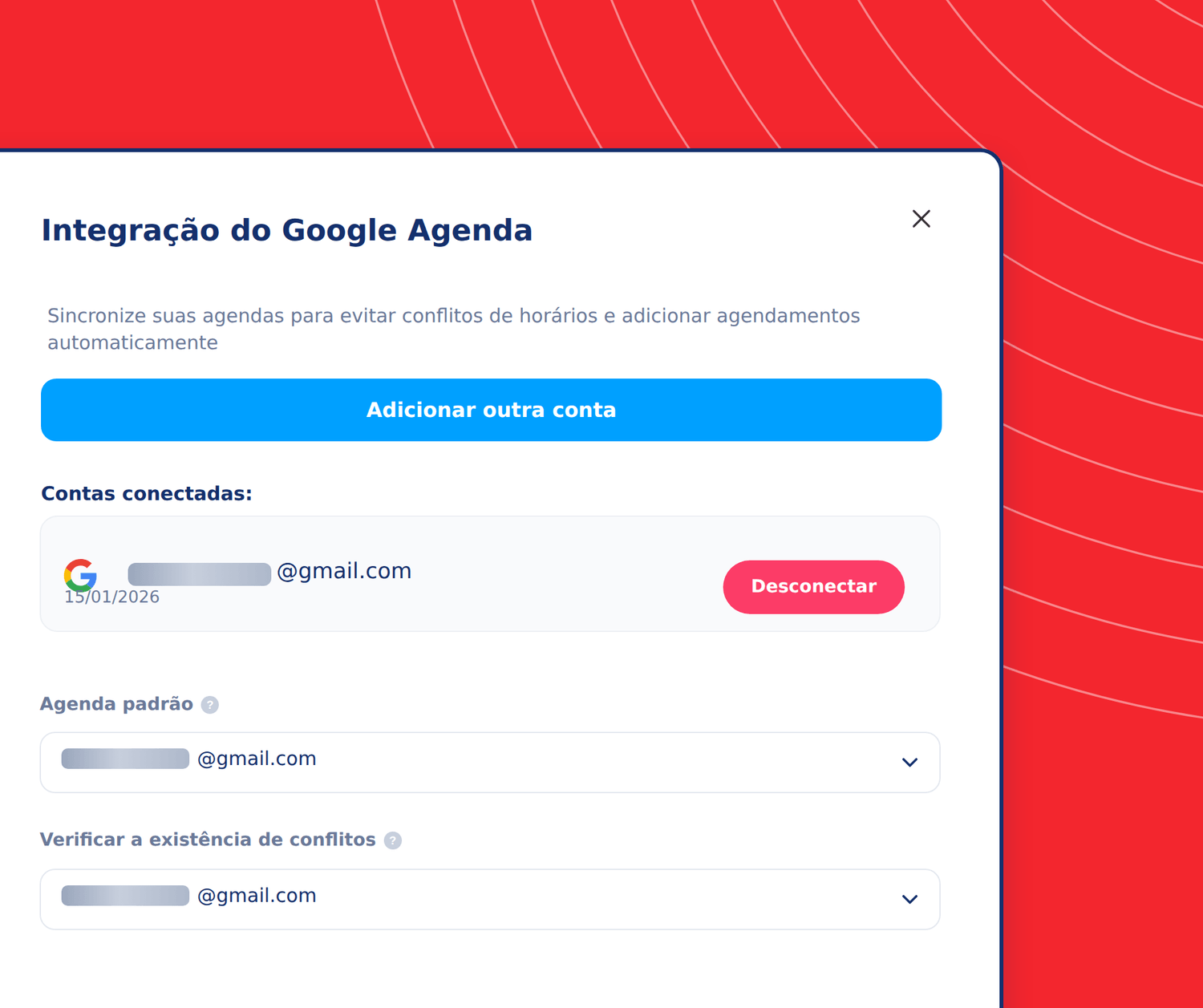 Google Calendar integration settings in systeme.io showing connected accounts, default calendar selection, and conflict checking options.