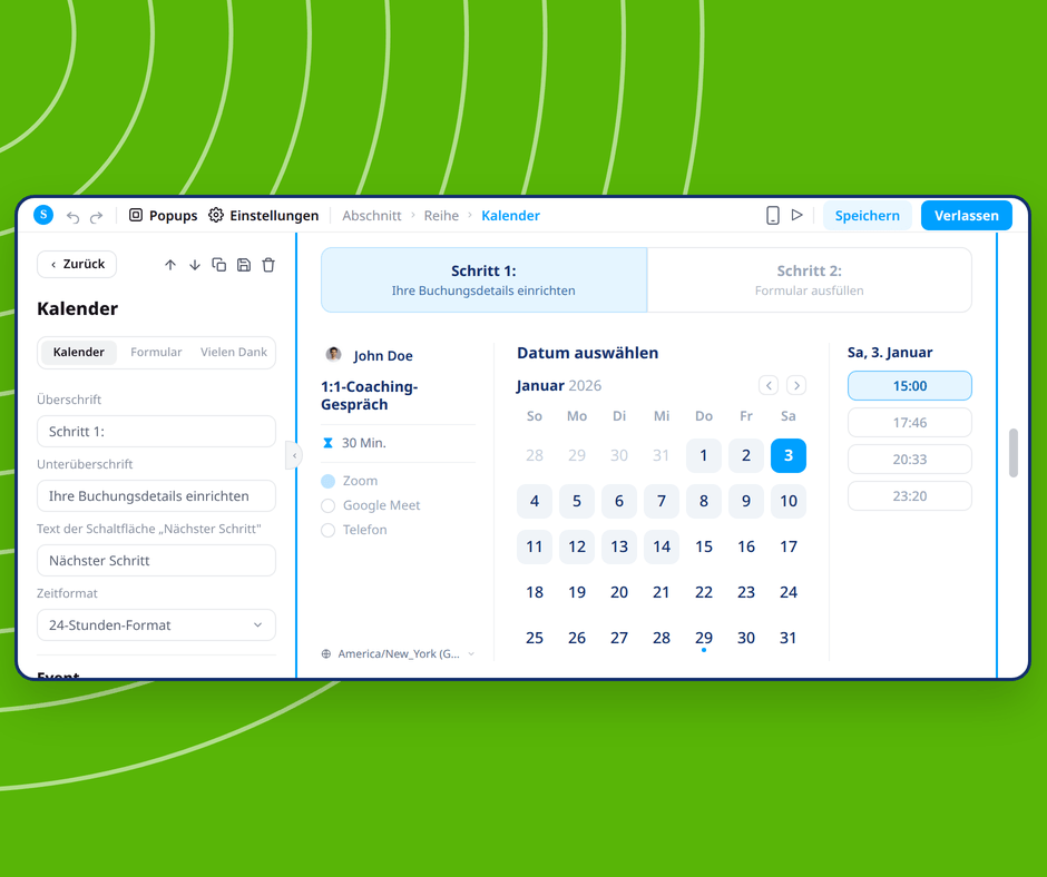 Calendar booking page editor in systeme.io showing visual customization of appointment scheduling with date and time selection interface.