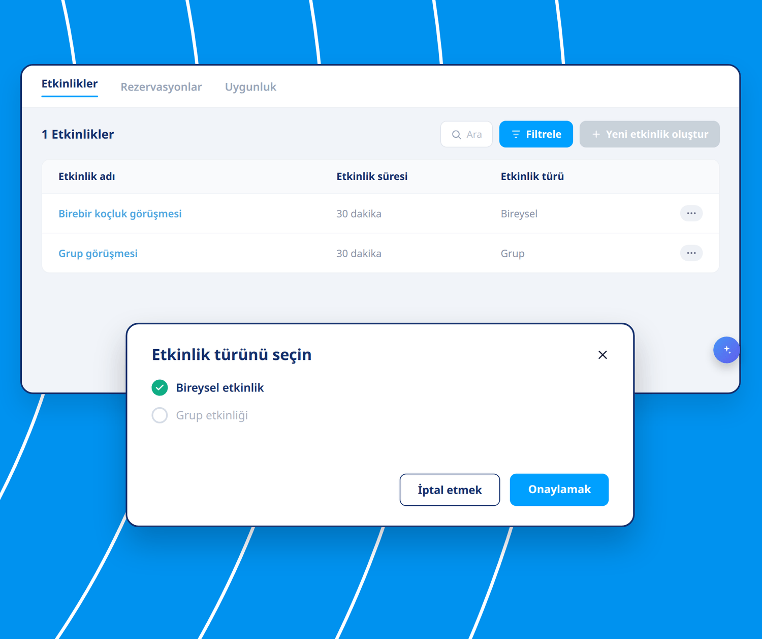 Event management and booking setup interface in systeme.io showing event types, durations, and option to create individual or group events.