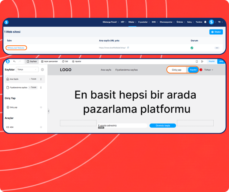 systeme.io website builder and white label site editor showing page creation, homepage design, and login signup customization