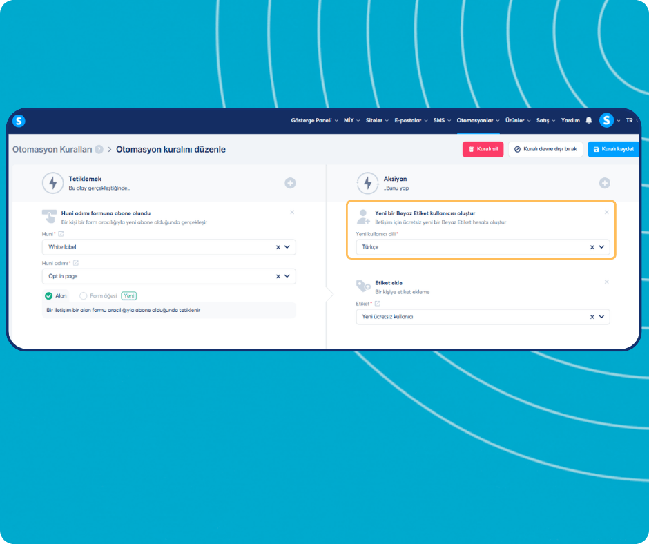 systeme.io automation rules dashboard showing trigger-based workflow to create white label users and apply tags automatically