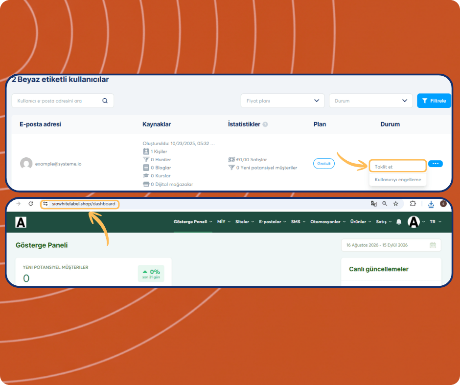 systeme.io white label users dashboard showing subaccount list, user impersonation feature, and access to individual client dashboards