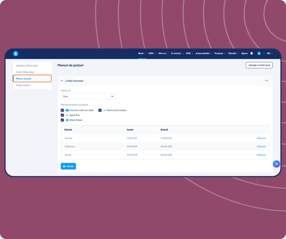 systeme.io white label price plans dashboard showing subscription pricing, payment methods, and plan configuration options