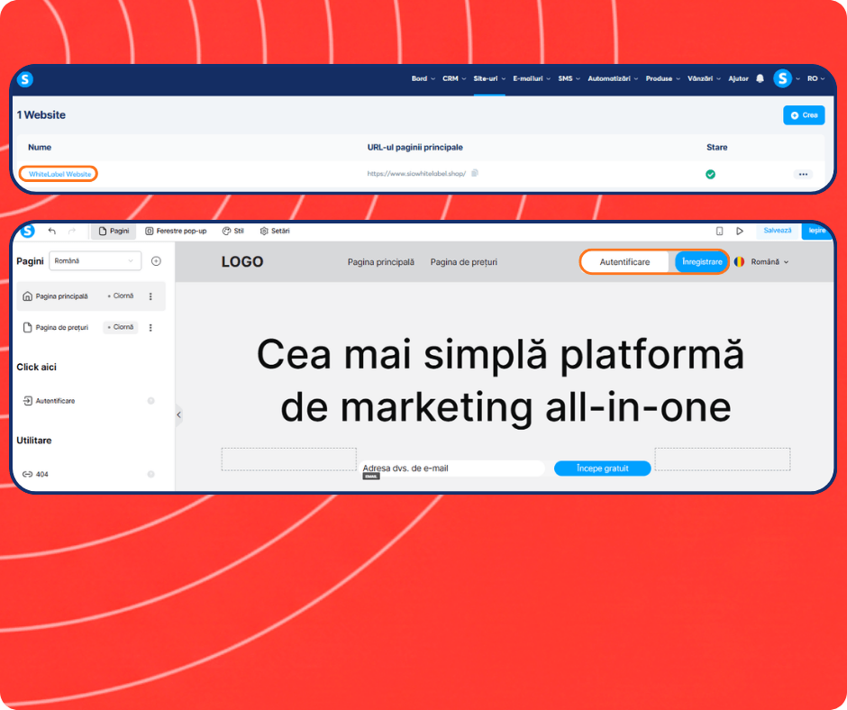 systeme.io website builder and white label site editor showing page creation, homepage design, and login signup customization