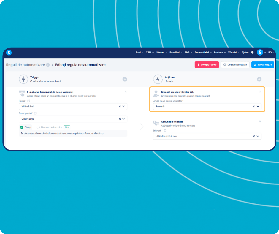systeme.io automation rules dashboard showing trigger-based workflow to create white label users and apply tags automatically
