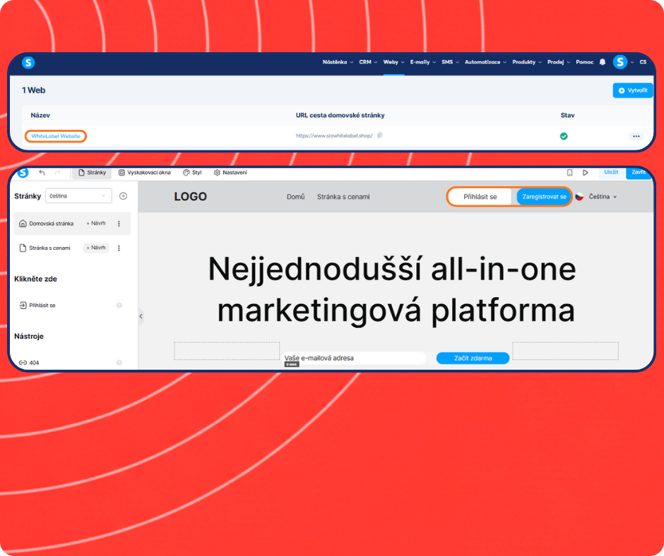 systeme.io website builder and white label site editor showing page creation, homepage design, and login signup customization