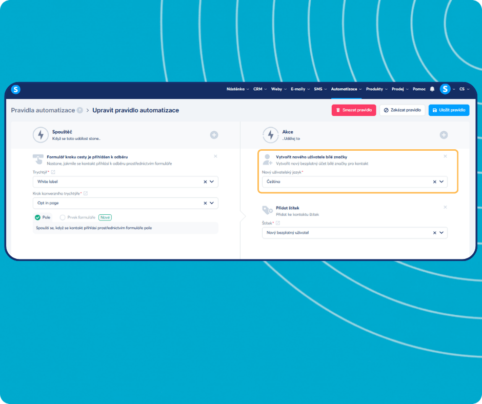 systeme.io automation rules dashboard showing trigger-based workflow to create white label users and apply tags automatically