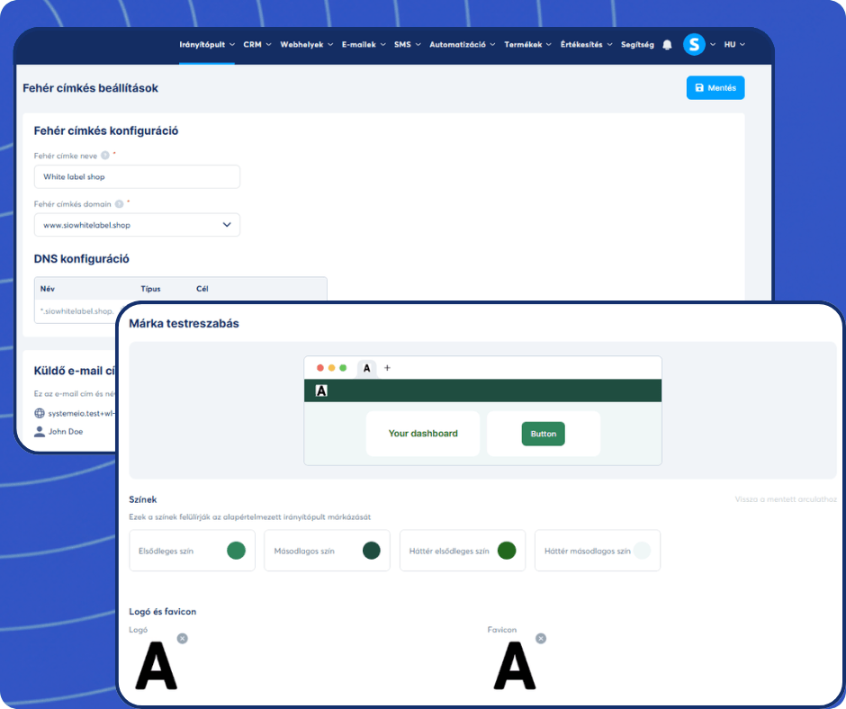 systeme.io white label settings dashboard showing brand customization, domain setup, DNS configuration, and logo personalization options