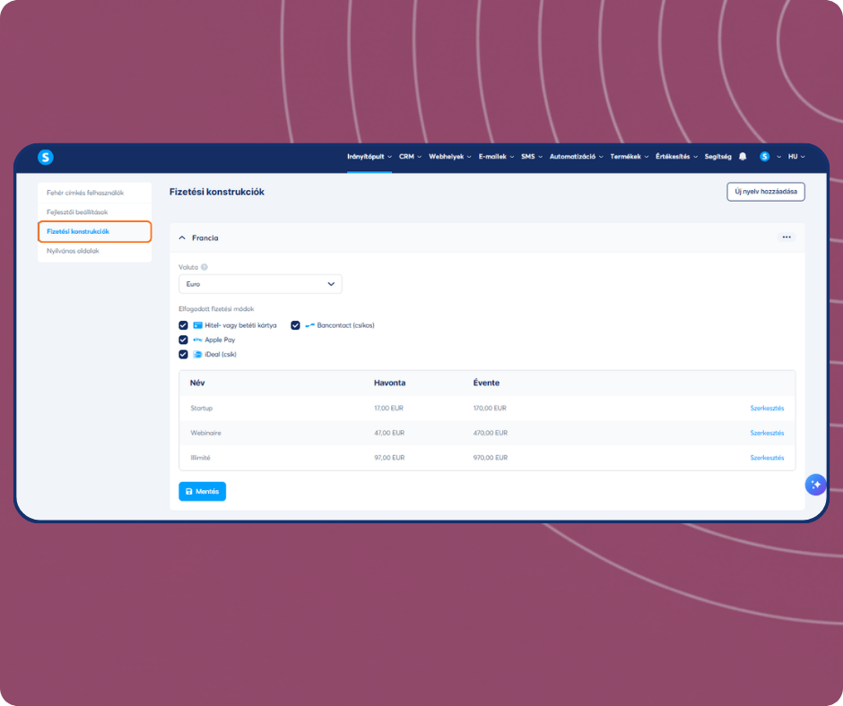 systeme.io white label price plans dashboard showing subscription pricing, payment methods, and plan configuration options