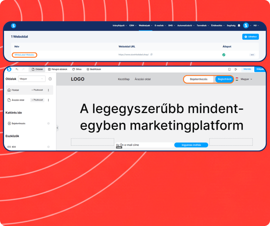 systeme.io website builder and white label site editor showing page creation, homepage design, and login signup customization