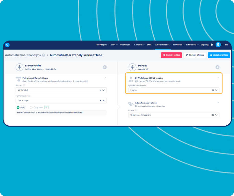 systeme.io automation rules dashboard showing trigger-based workflow to create white label users and apply tags automatically