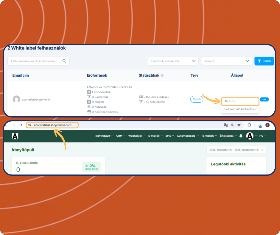 systeme.io white label users dashboard showing subaccount list, user impersonation feature, and access to individual client dashboards