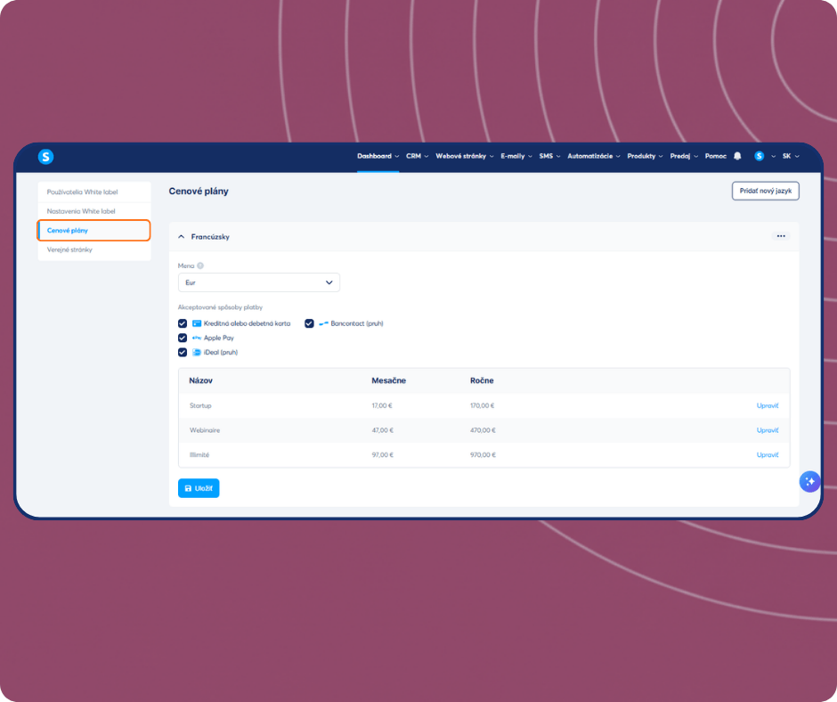 systeme.io white label price plans dashboard showing subscription pricing, payment methods, and plan configuration options