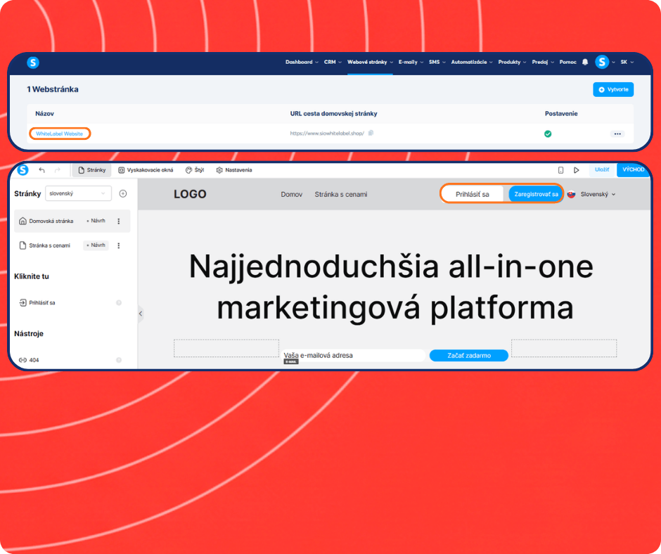 systeme.io website builder and white label site editor showing page creation, homepage design, and login signup customization