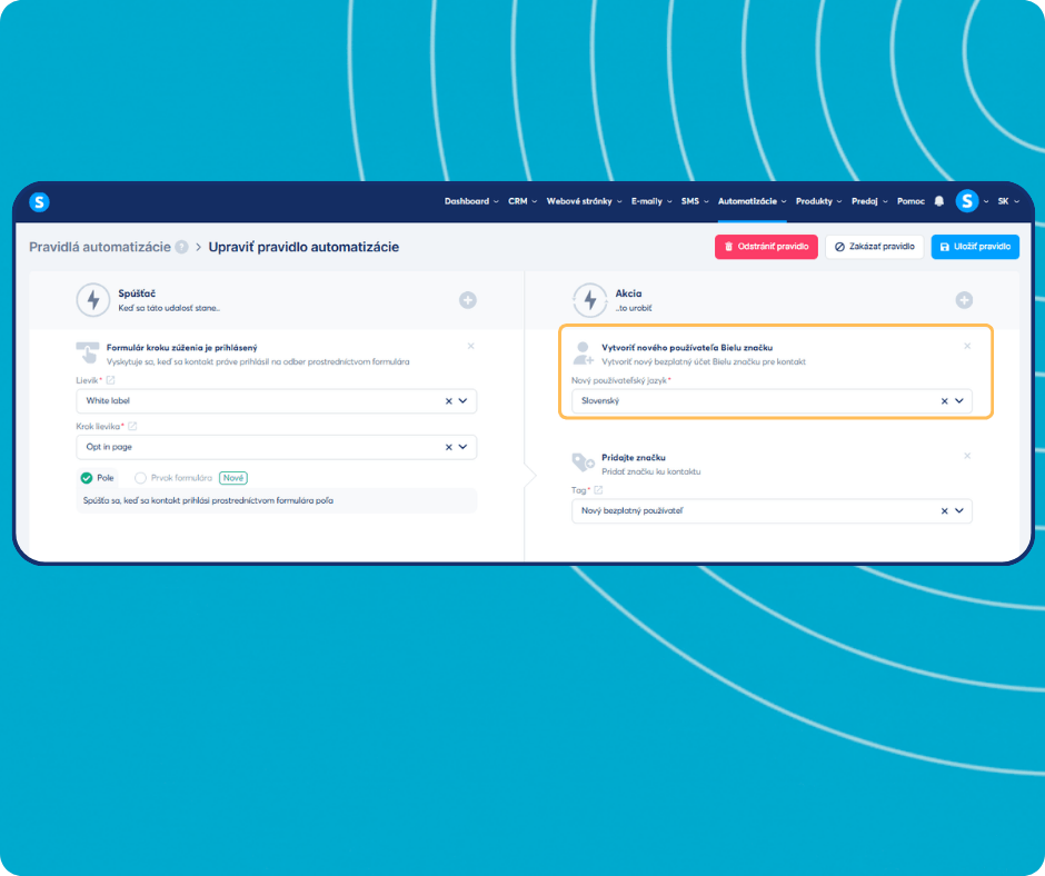 systeme.io automation rules dashboard showing trigger-based workflow to create white label users and apply tags automatically