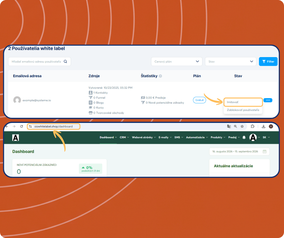 systeme.io white label users dashboard showing subaccount list, user impersonation feature, and access to individual client dashboards