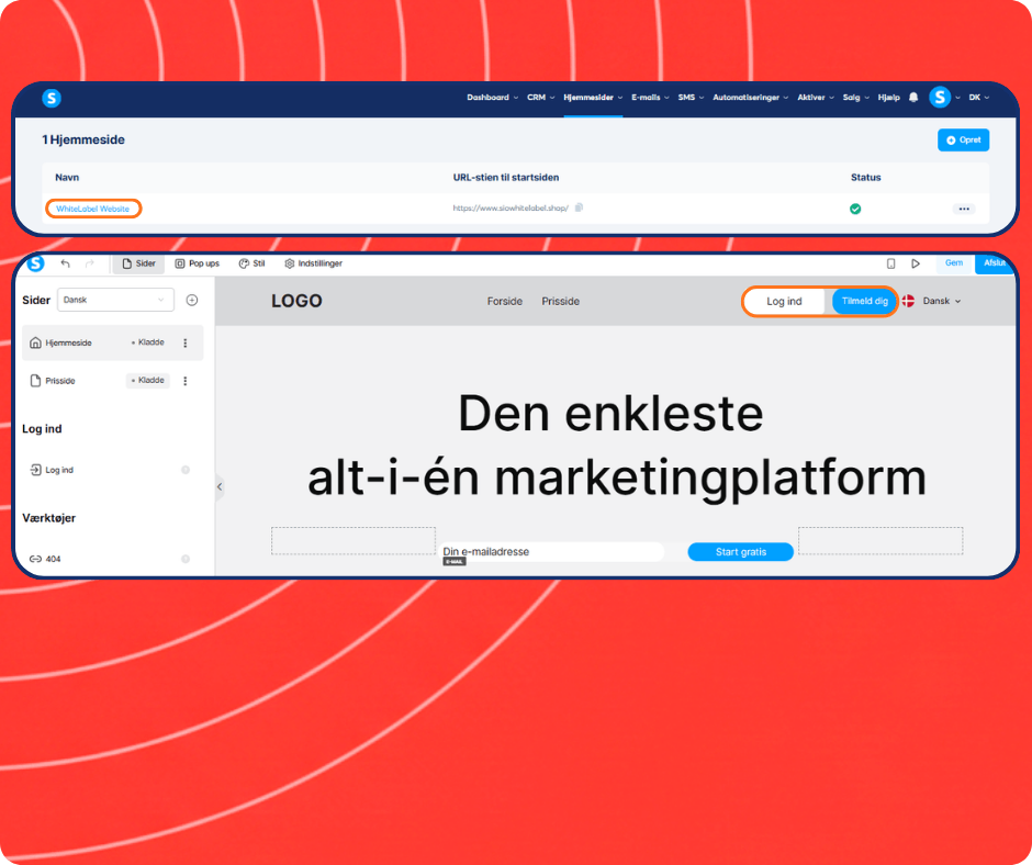 systeme.io website builder and white label site editor showing page creation, homepage design, and login signup customization