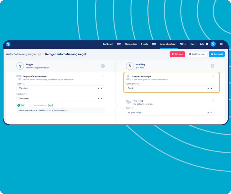 systeme.io automation rules dashboard showing trigger-based workflow to create white label users and apply tags automatically
