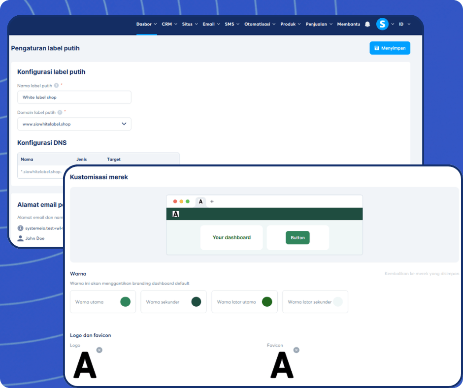 systeme.io white label settings dashboard showing brand customization, domain setup, DNS configuration, and logo personalization options