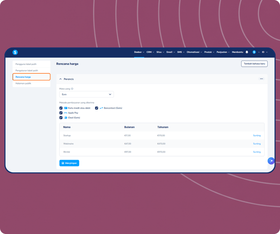 systeme.io white label price plans dashboard showing subscription pricing, payment methods, and plan configuration options