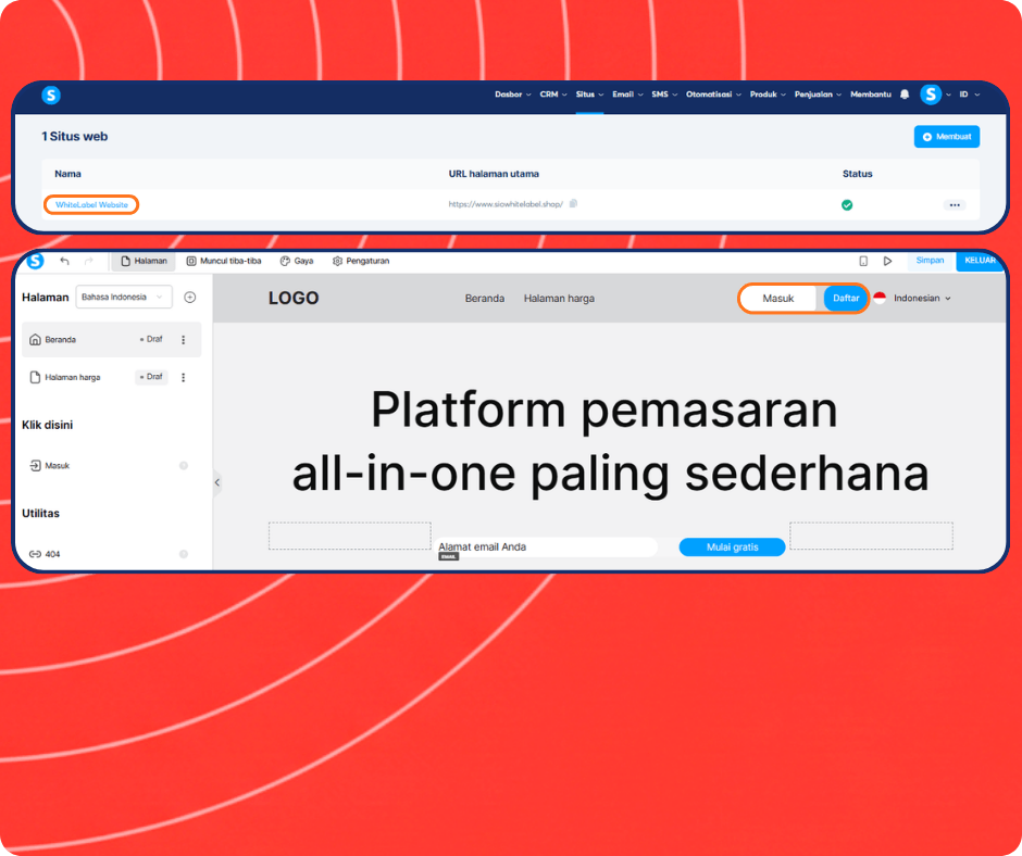 systeme.io website builder and white label site editor showing page creation, homepage design, and login signup customization