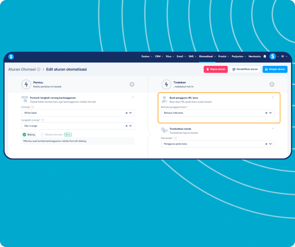 systeme.io automation rules dashboard showing trigger-based workflow to create white label users and apply tags automatically