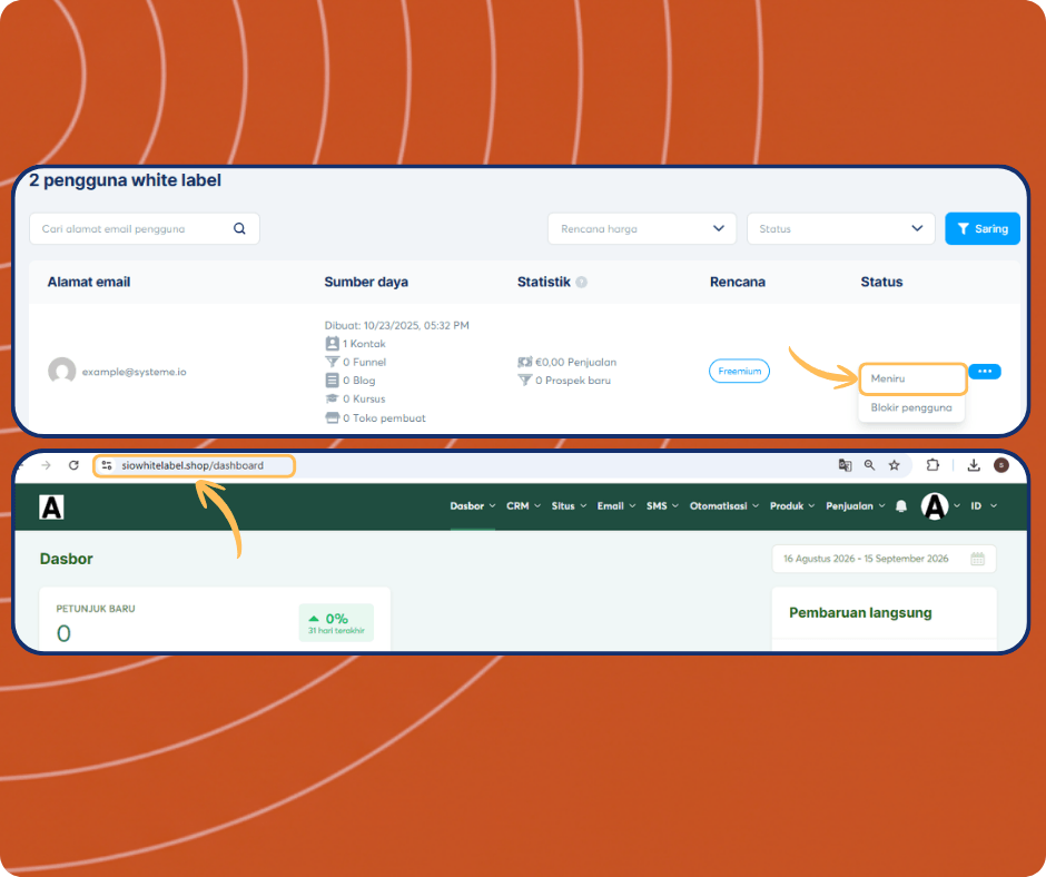 systeme.io white label users dashboard showing subaccount list, user impersonation feature, and access to individual client dashboards