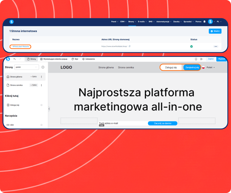systeme.io website builder and white label site editor showing page creation, homepage design, and login signup customization