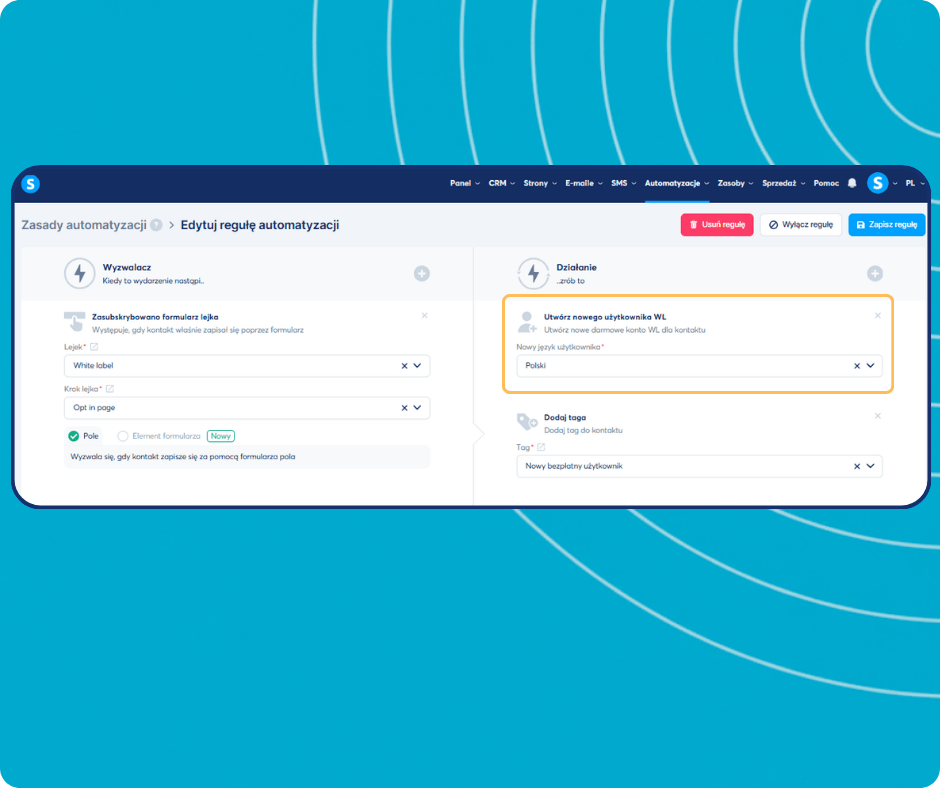 systeme.io automation rules dashboard showing trigger-based workflow to create white label users and apply tags automatically