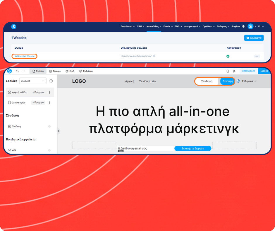 systeme.io website builder and white label site editor showing page creation, homepage design, and login signup customization