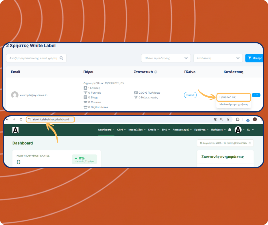 systeme.io white label users dashboard showing subaccount list, user impersonation feature, and access to individual client dashboards