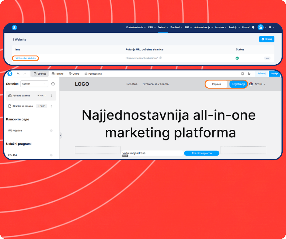 systeme.io website builder and white label site editor showing page creation, homepage design, and login signup customization