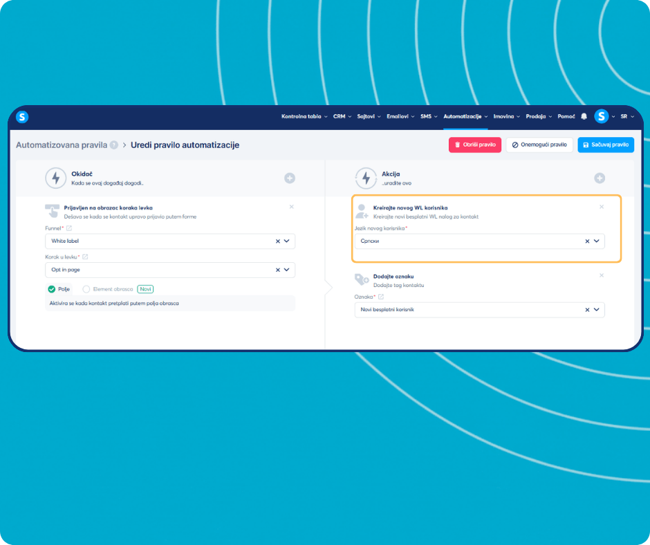 systeme.io automation rules dashboard showing trigger-based workflow to create white label users and apply tags automatically