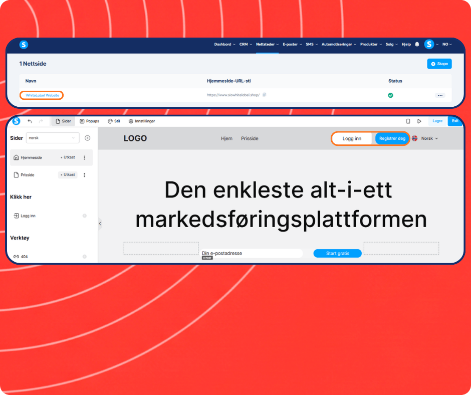 systeme.io website builder and white label site editor showing page creation, homepage design, and login signup customization