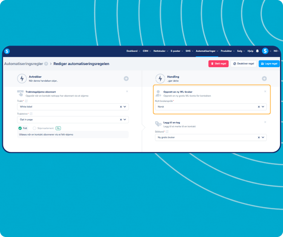 systeme.io automation rules dashboard showing trigger-based workflow to create white label users and apply tags automatically