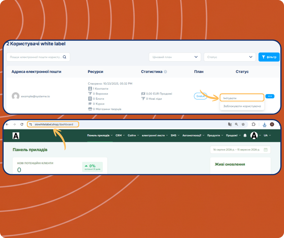 systeme.io white label users dashboard showing subaccount list, user impersonation feature, and access to individual client dashboards