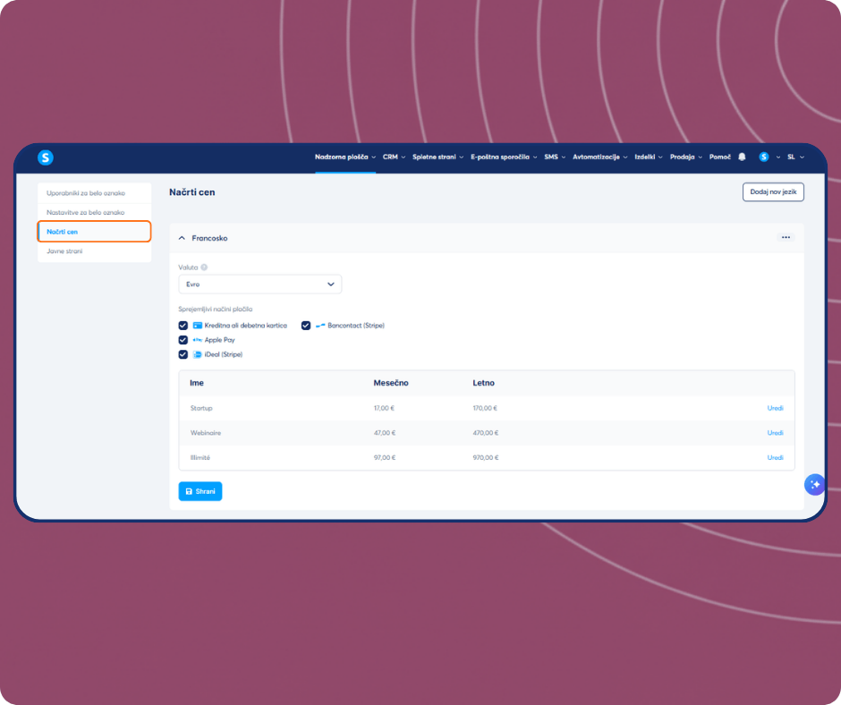 systeme.io white label price plans dashboard showing subscription pricing, payment methods, and plan configuration options