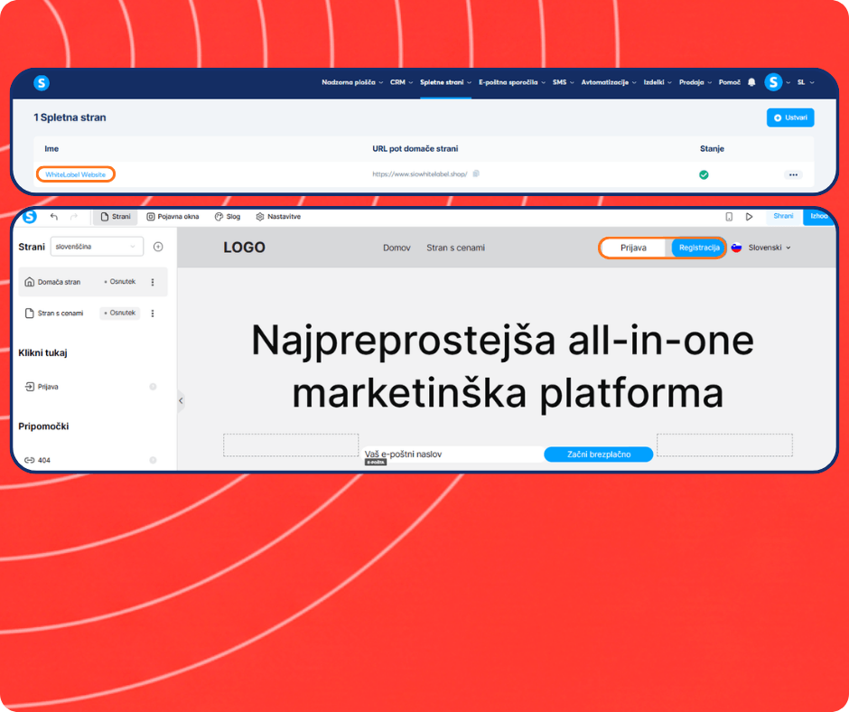 systeme.io website builder and white label site editor showing page creation, homepage design, and login signup customization