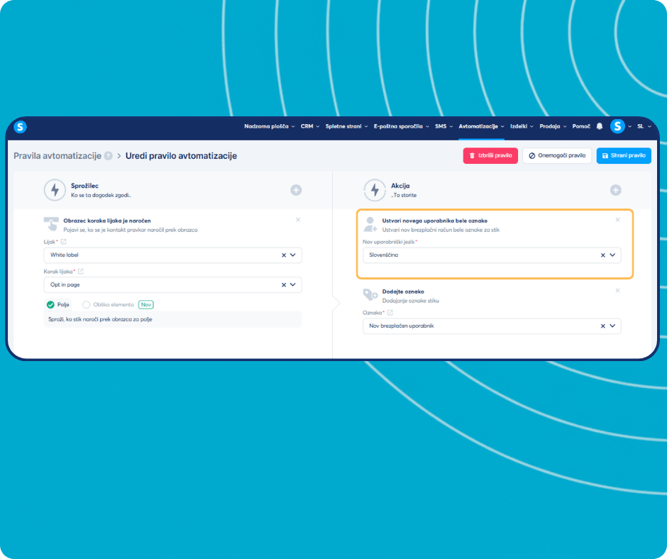 systeme.io automation rules dashboard showing trigger-based workflow to create white label users and apply tags automatically